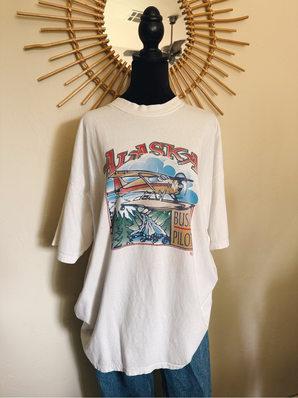 Vintage Alaska Floatplane Graphic Tee - White with Multicolor Print